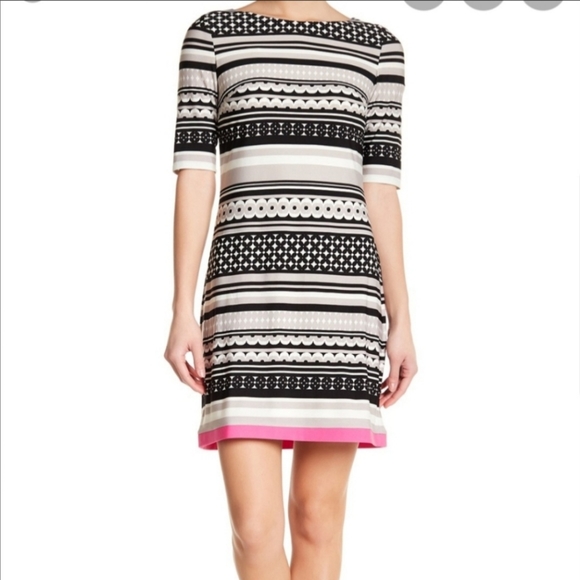 Eliza J Striped Geometric Dress Black White Gray Fuscia Size 8 - Picture 1 of 9